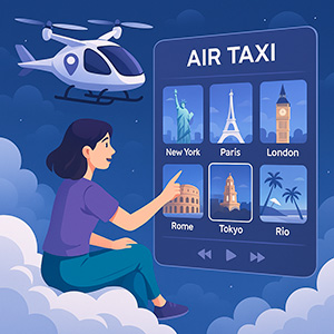Mujer reservando un taxi aéreo desde una plataforma online