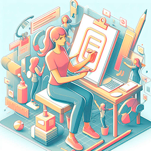 Mujer creando un logotipo para su nueva empresa en formato 3D con colores tono pastel